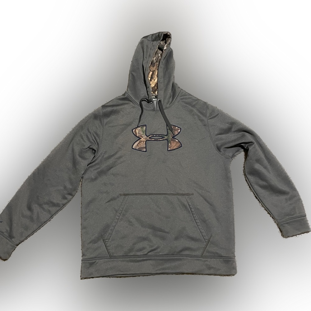 Gray Under Armour hoodie with camo logo.